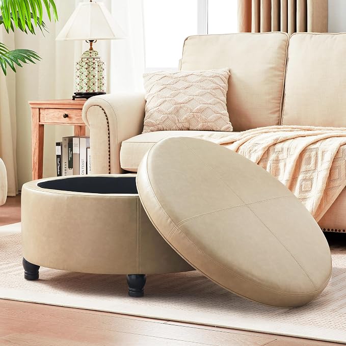 30-Inch Round Storage Ottoman, Modern Ottoman Coffee Table - Image 6