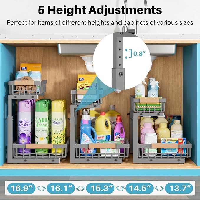1 Packs 2 Tier Grey Under Sink Organizer, Under Sink Organizers and Storage - Image 2