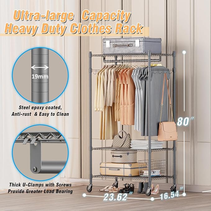 Homdox Garment Rack Heavy Duty, 3 Tier Rolling Clothing Racks - Image 3