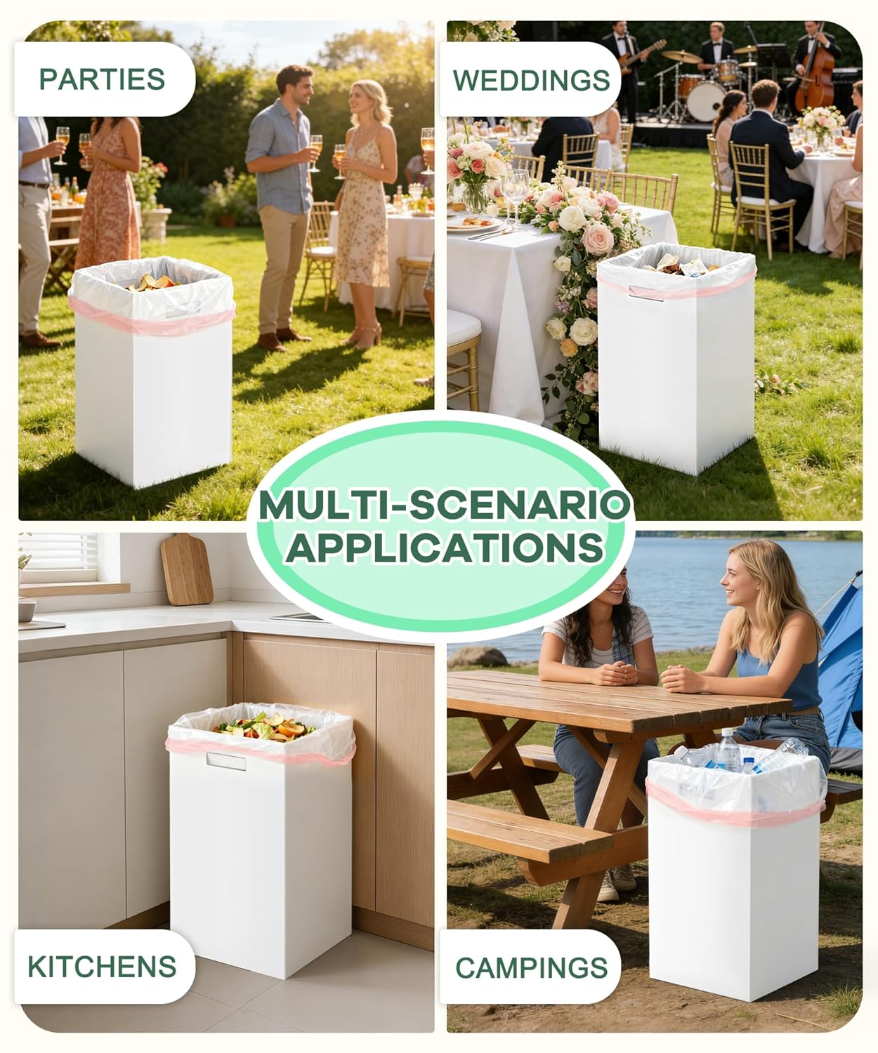 4 Pack 40 Gallon Corrugated Cardboard Disposable Trash Cans, White | 18" L x 18" W x 30" H, With Handle, Collapsible Garbage Cans, Thick Foldable Bins for Parties Events Camping Beach