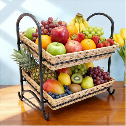 2-Tier Faux Rattan Wicker Storage Basket with Metal Frame, Countertop Organizer Shelf for Kitchen, Bathroom, Pantry (Medium)