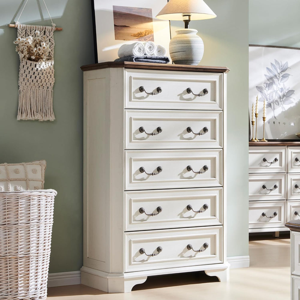 T4TREAM Farmhouse 5 Drawers Dresser for Bedroom, 48" Tall Wood Rustic Ch...