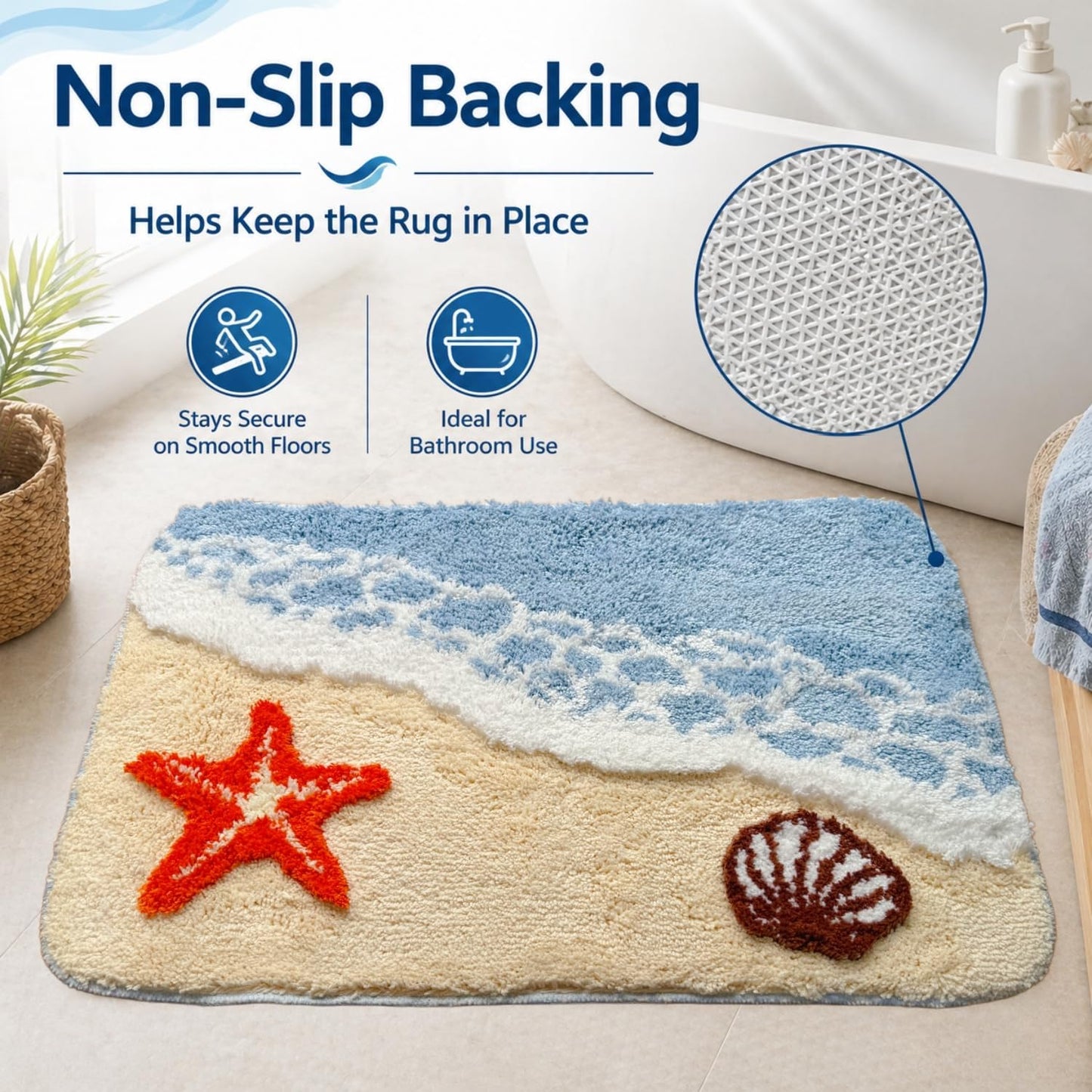 Beach Bathroom Rug 20 x 32 Inch, Coastal Ocean Wave Bath Mat with Starfish and Seashell Design, Soft Absorbent Plush Rug with Textured Backing for Tub, Shower, Sink, Vanity Floor Decor
