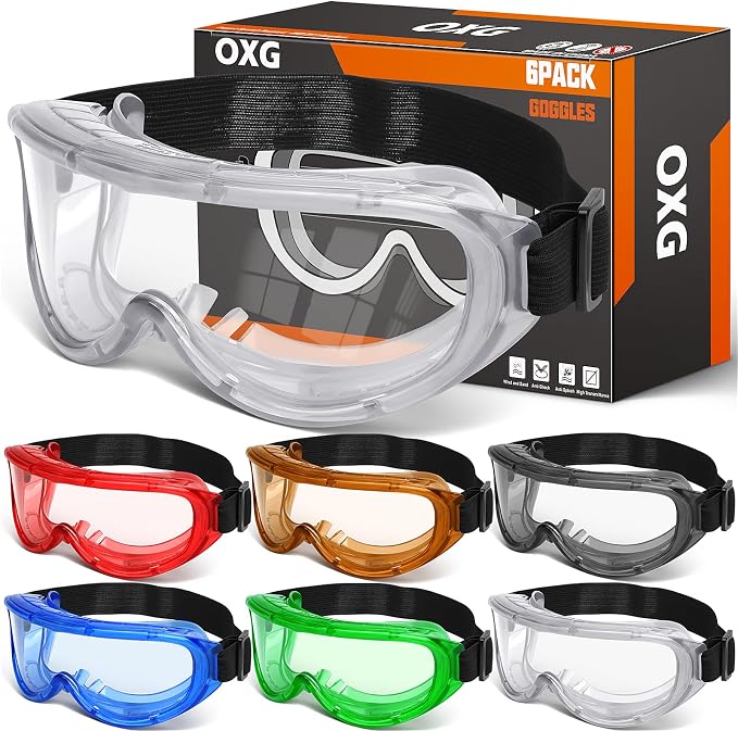 OXG 6 Pack Protective Safety Goggles Anti-Fog, Adjustable Chemical Splash Eye by OXG