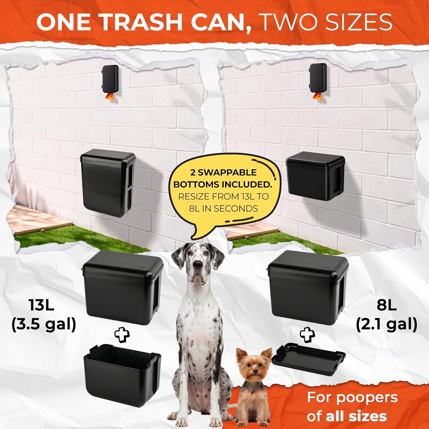 PEXTER Outdoor Dog Poop Trash Can Outside - Wall Mounted Dog Waste Bin & Garbage Can, 2-in-1 Converts 13L to 8L (3.5/2.1 Gal), Pet Waste Container for Dogs - Includes 15 Heavy Duty Bags (Black)