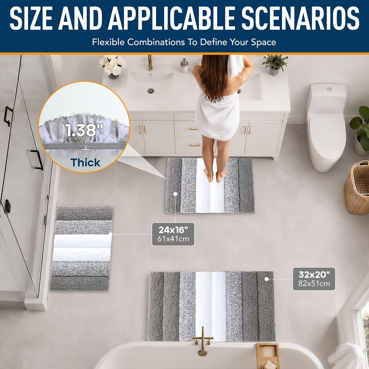 XIYUNTE Thick Bathroom Rug - 24x16 Extra Soft Gray and White Microfiber Bath Rugs, Quick Dry Super Absorbent Rubber Backing, Non Slip Washable Bath Mat for Floor Tub Shower