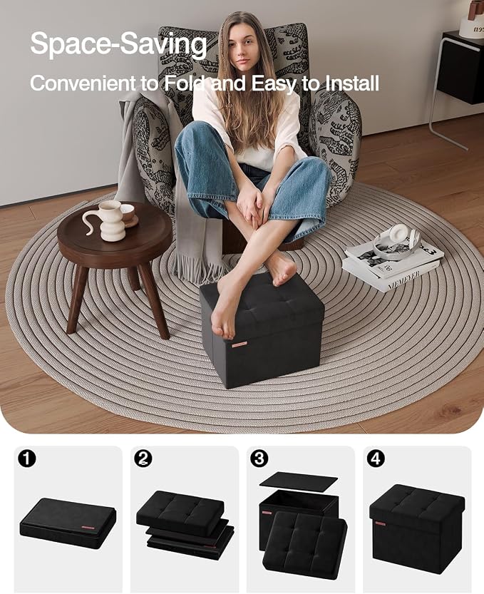 Folding Storage Ottoman, Velvet Storage Bench, Foot Stool, - Image 6