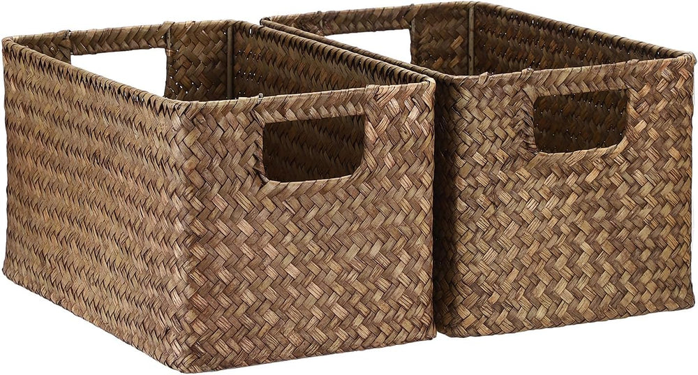 Hipiwe 2 Pack Natural Seagrass Basket with Handles Decorative Wicker Basket B...