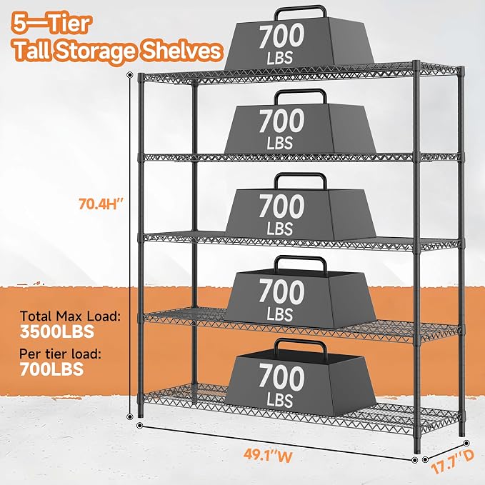 5 Tiers Storage Shelves Load 3300LBS, Metal Shelving Wire Metal Shelving Unit - Image 3