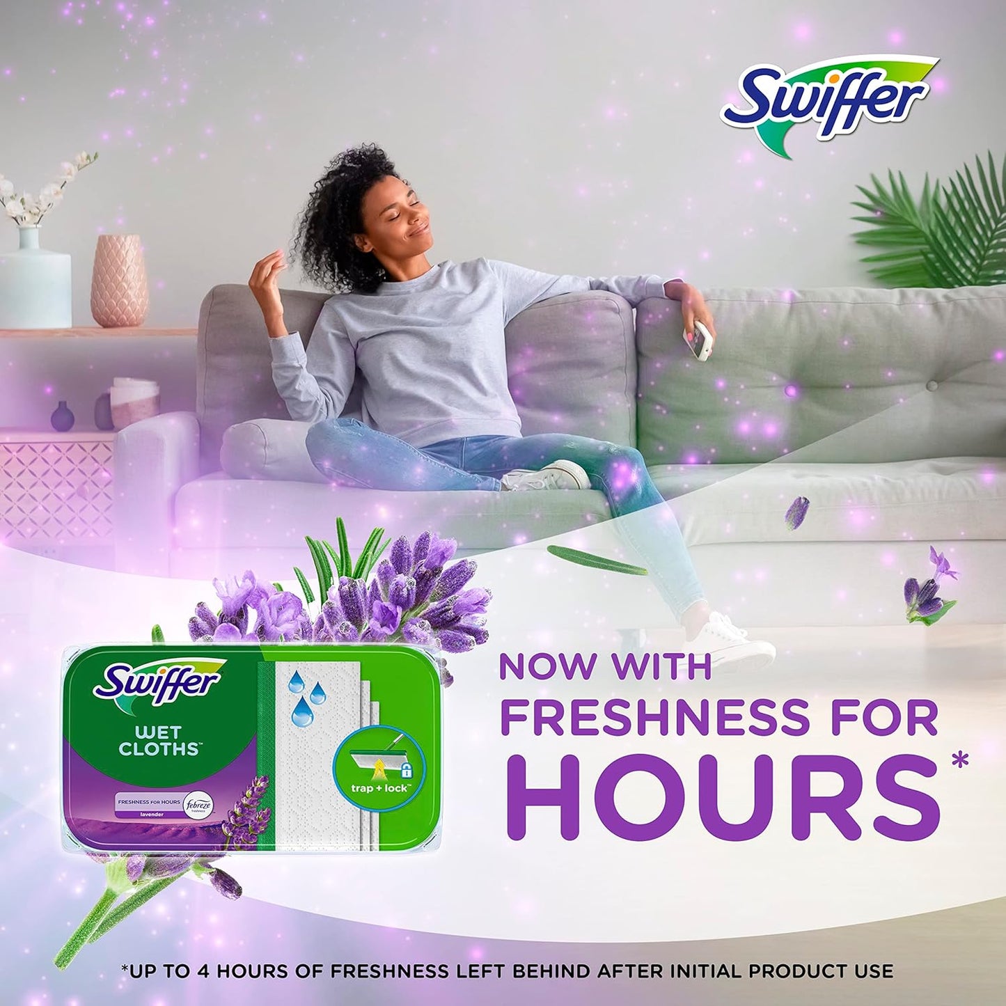 Swiffer Sweep + Mop, Wet Pads Refill, Floor Cleaner for Dirt, Dust, Hair, Cleaning Cloths for Mopping Home, Bathroom, Kitchen, All Purpose Multi-Surface Floor Wipes, Lavender, 24ct