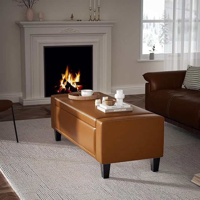 48.8" Storage Ottoman Bench Brown | Faux Leather Bedroom Bench - Image 7