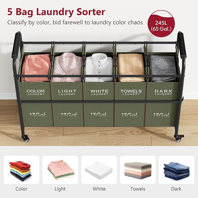 Tajsoon 5 Sections Laundry Sorter, Laundry Hamper - Image 3
