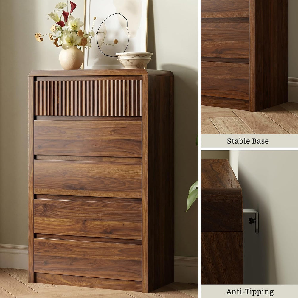 LYNSOM Walnut Fluted 5 Drawer Dresser for Bedroom, Curved Edge, 48" Tall