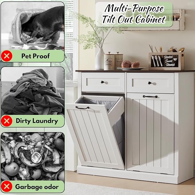 Double Tilt Out Laundry Hamper Cabinet, 20 Gallon Farmhouse Trash Can Cabinet - Image 4