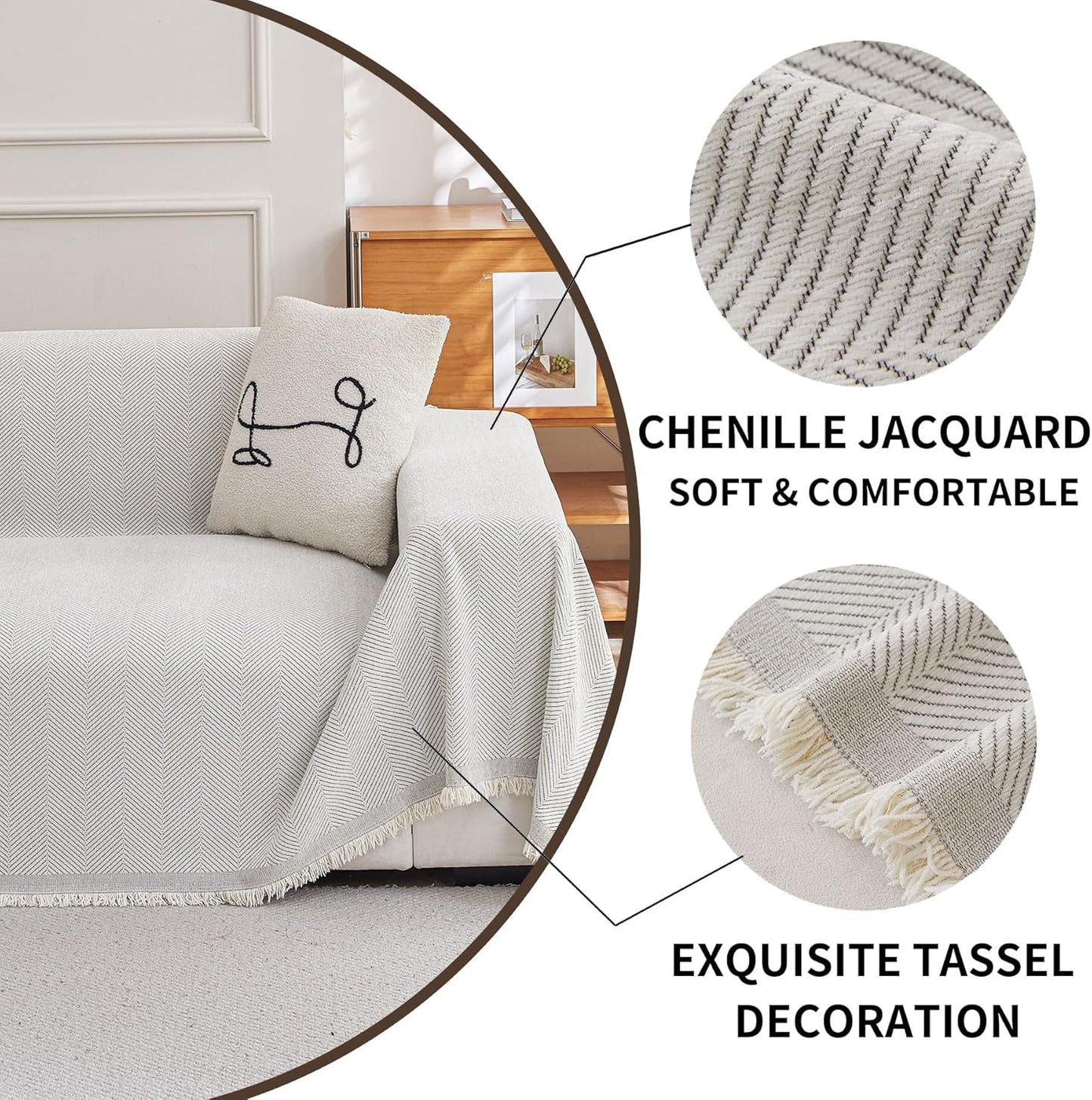 HAOMAIJIA Non Slip couch cover sofa covers for 3 cushion couch Washable sectional couch covers for Dogs pet Furniture Protector Couch Cover Blanket for Living Room (Off white, 91"x150")