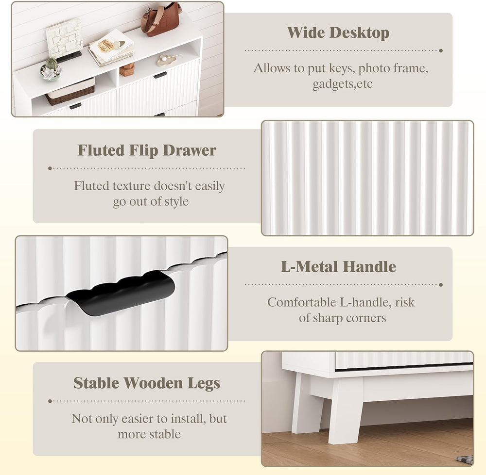 Shoe Cabinet Storage for Entryway with 4 Flip Drawers, Fluted Narrow Shoe Org...