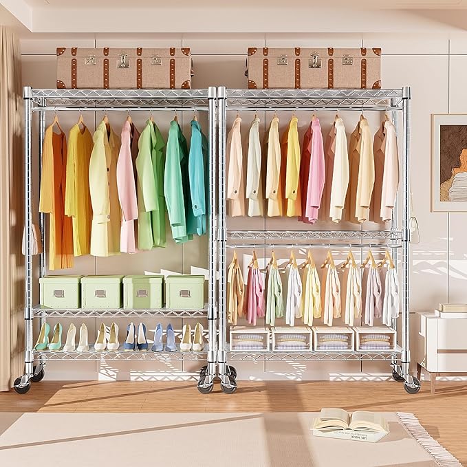 Heavy Duty Rolling Garment Rack 3 Tiers Adjustable Wire Shelving Clothes Rack - Image 4