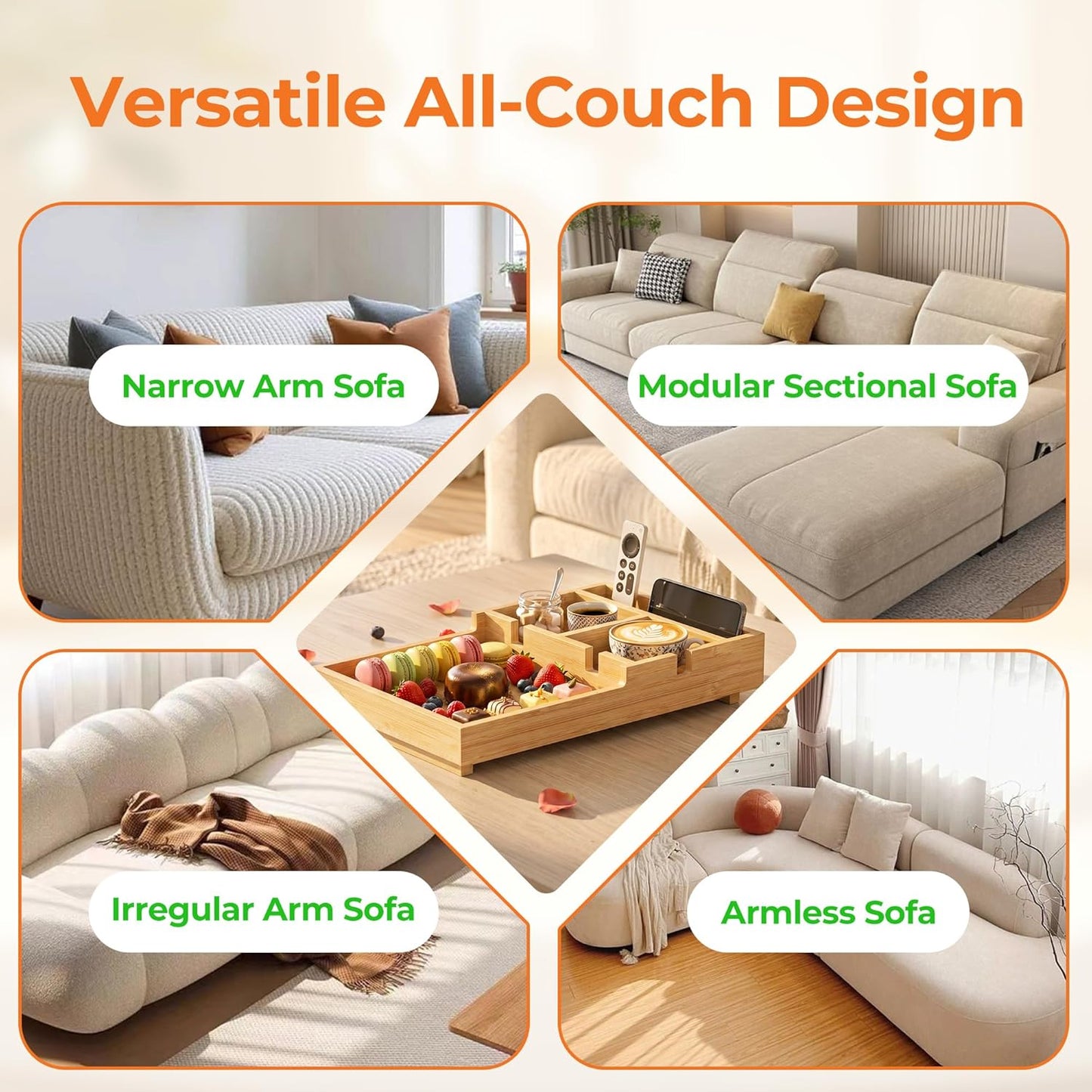 Couch Tray Insert for Middle Seat, Bamboo Couch Table with 2 Cup Holders, Natural, Fits Armless Sofa & Sectionals
