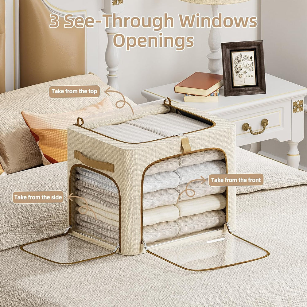 CYhom Clothes Storage Bins with Metal Frame,3 See-Through Windows Openings Cl...