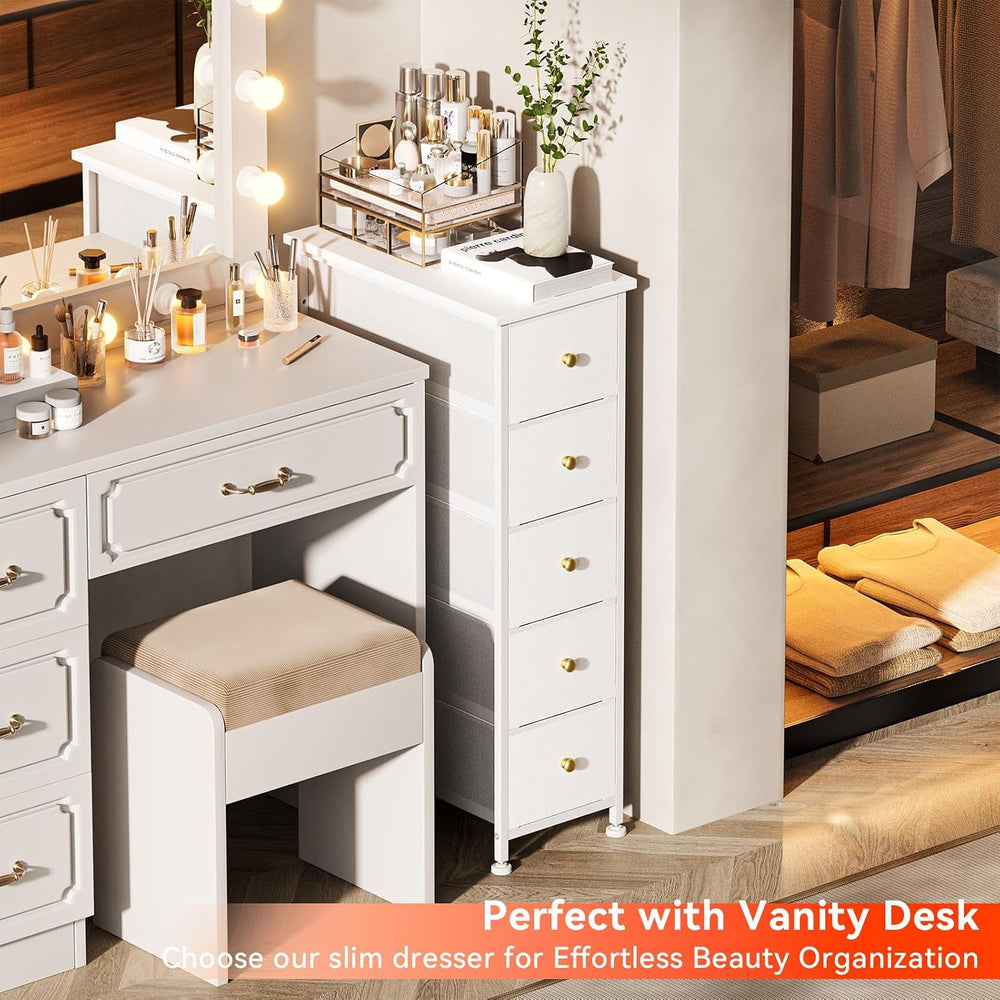 Narrow Dresser Storage Tower with 5 Drawers, Vertical Slim Dresser Chest of D...