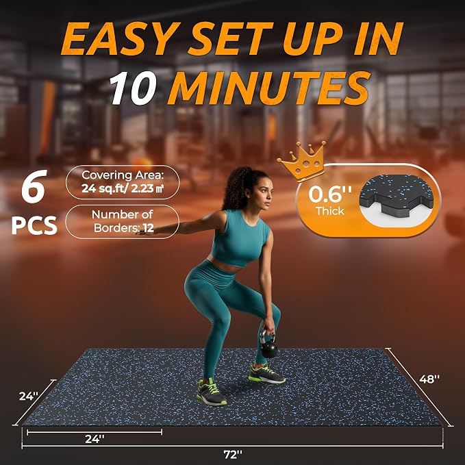 PRAISUN 0.6" Thicker Gym Mat, 6 Tiles 24 Sq Ft Workout Mats, Interlocking Foam - Image 5
