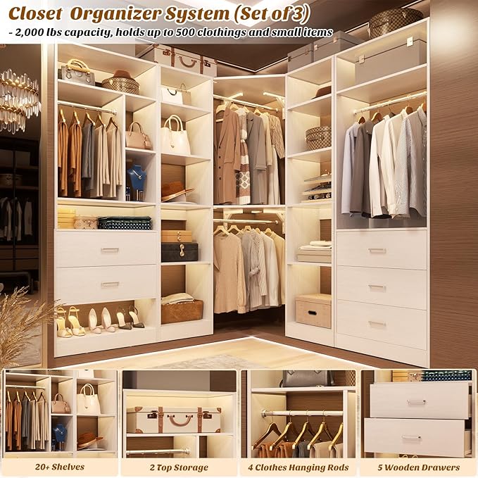 Corner Closet System with 5 Drawers, Closet Organizer System with 15+Shelvess & - Image 4