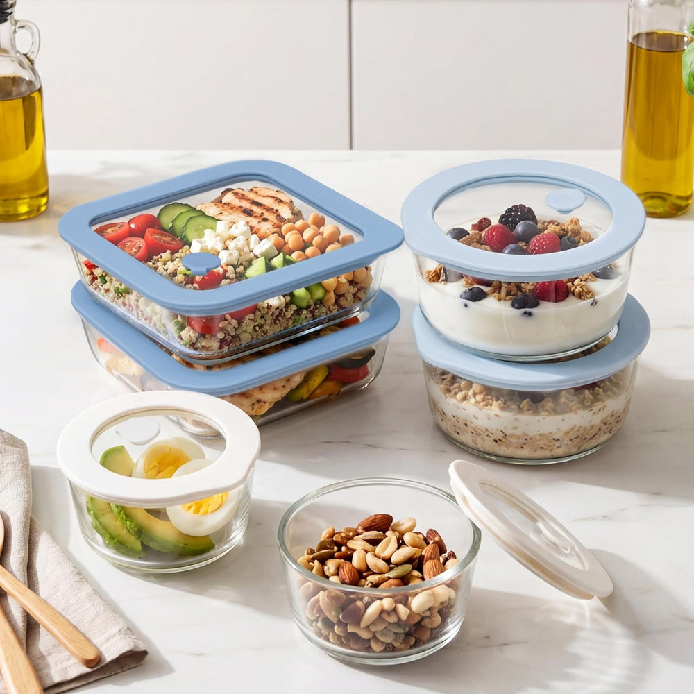 Urban Green Glass Food Container Set with Silicone Glass Lid, Square & Ro...