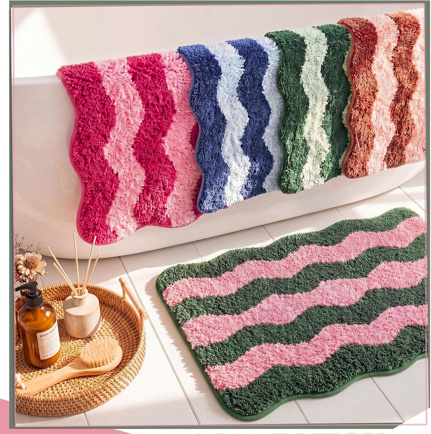 Nuanchu Cute Scalloped Bathroom Rug, Plush Tufted Absorbent Soft Wave Striped Bath Mat 24"x16", Non-Slip Washable Floor Carpet for Bathroom Bedroom Kitchen(Pink & Sage Green)