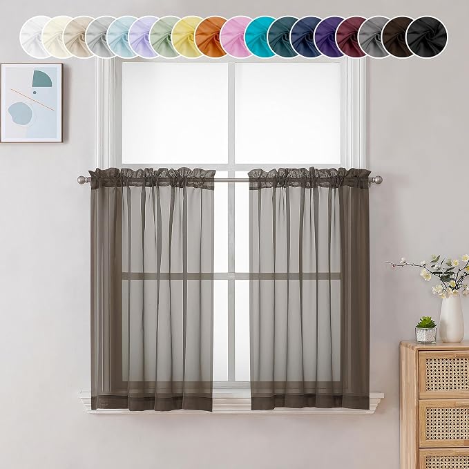 Chyhomenyc Sheer Chocolate Brown Tier Curtains 24 Inch Length, Small Window by Chyhomenyc