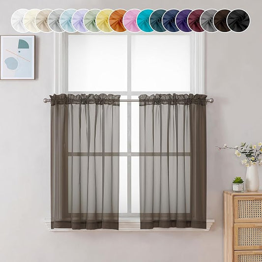 Chyhomenyc Sheer Chocolate Brown Tier Curtains 24 Inch Length, Small Window by Chyhomenyc
