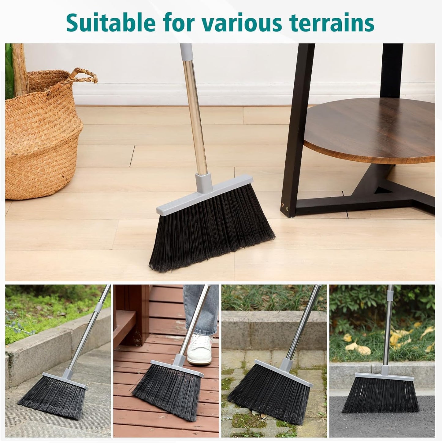 PBHEPJ Broom, 4 Pack Outdoor Broom for Floor Cleaning, 58" Long Stainless Steel Handle, Hard Bristle Angle Broom for Sweeping Indoor, Commercial, Industrial, Garage, Kitchen