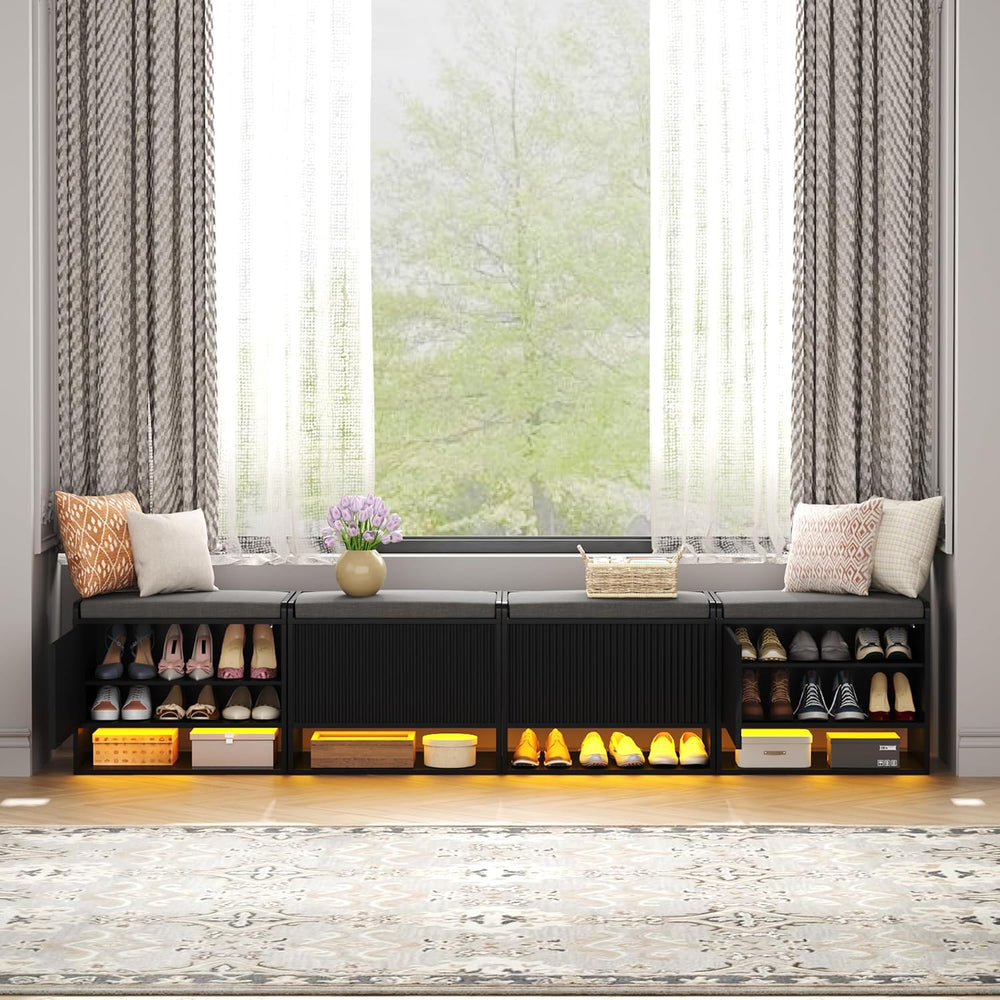 HOMEFORT 23.6" Fluted Shoe Storage Bench, Small Entryway Bench with Line...