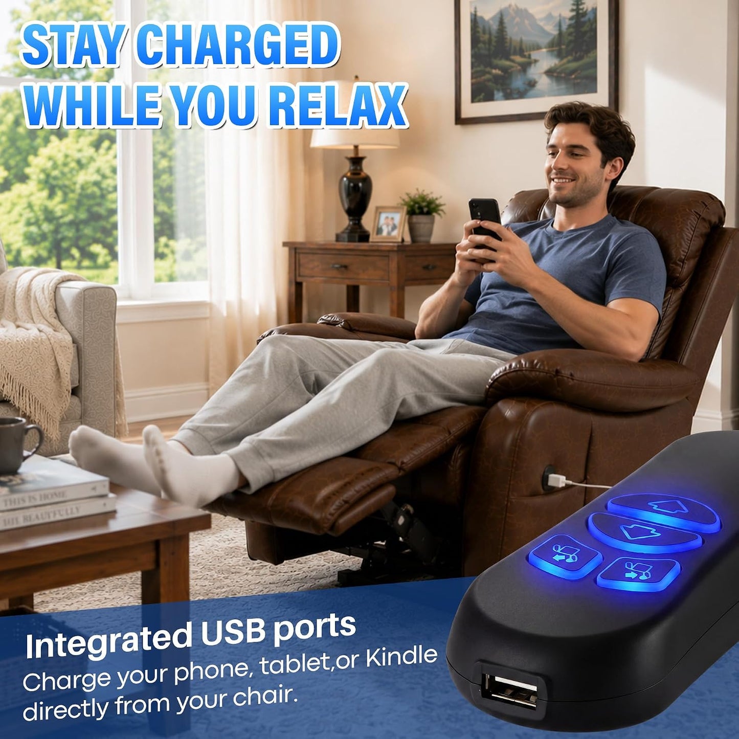 Lift Chair Remote Replacement, 4 Button 5 Pin Prong Power Motor Remote for Lift Chair & Recliner Replacement Parts, with LED Backlight, USB Charging Port, Recliner Hand Control