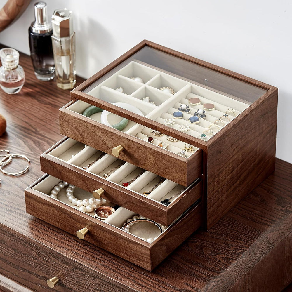 CHOSIN Black Walnut Jewelry Box Wood for Women with Glass Lid, 3 Layer