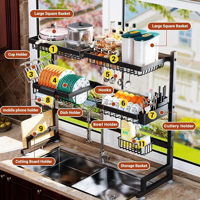 3-Tier Over Sink Dish Draining Rack, Adjustable Width and Height, - Image 2