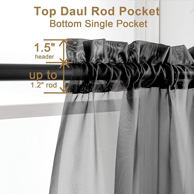 Chyhomenyc Black Sheer Curtains 30 inch Length 2 Panels, Light Filtering Voile - Image 3