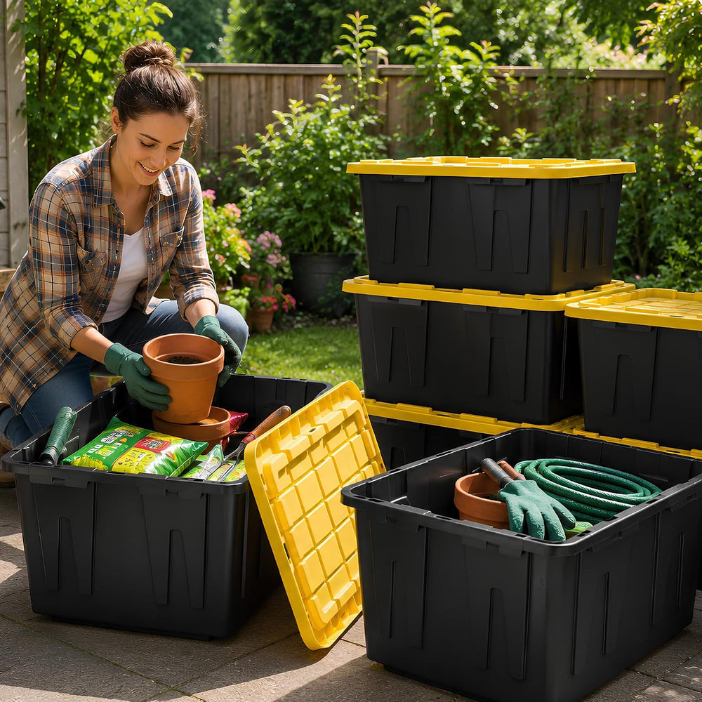12-Pack Heavy Duty Storage Totes with Lids, 27 Gallon - Stackable Plastic Sto...