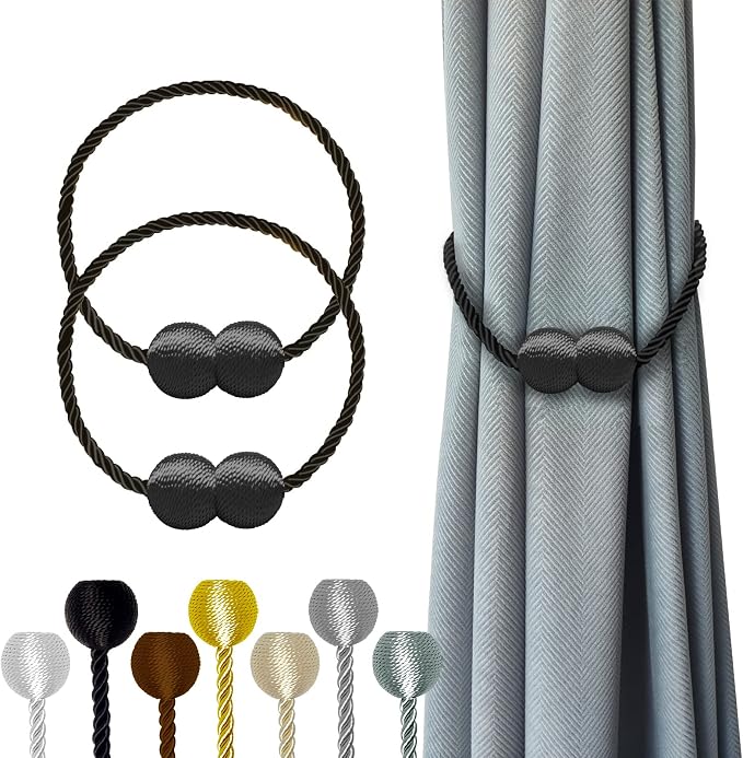 Hion Magnetic Curtain Tiebacks Black 2pcs, Curtain Tiebacks Buckles Holdbacks by Hion