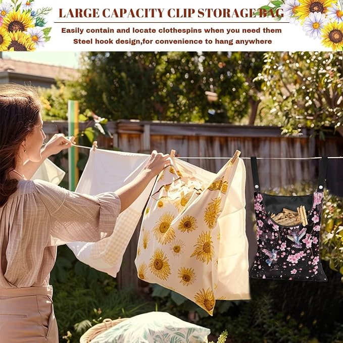 Waterproof Clothespin Bag with Hanger Hook Cherry Blossom Hummingbird - Image 6