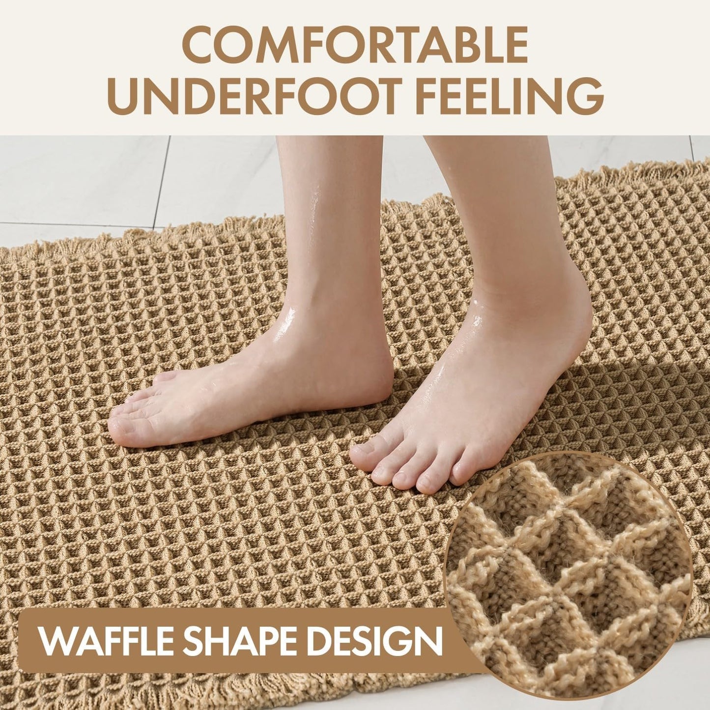 MIULEE Waffle Bathroom Runner Rugs, Super Absorbent Non Slip Bath Rug, Upgraded Soft Quick Dry Washable Boho Long Bath Mat with Tassels for Hallway Laundry Room Bedroom, 2'x6' (24"x72"), Brown