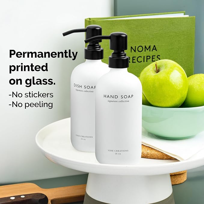 Vine Creations White Glass Soap Dispenser Set, Dish Soap and Hand Soap - Image 3