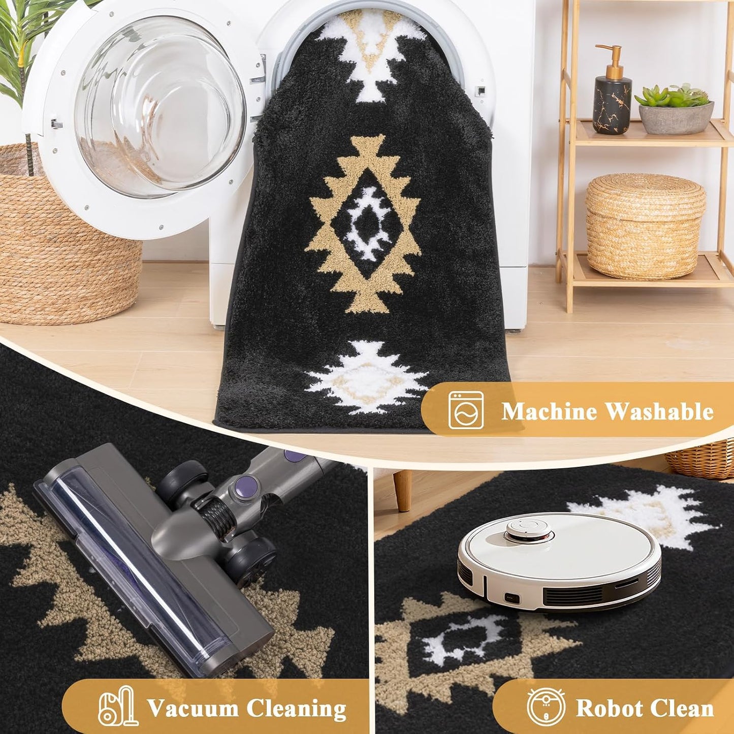 HEBE Boho Bathroom Rugs Set 3 Piece, Non Slip Washable Bath Mat Set, Ultra Absorbent Microfiber Bathroom Mats with U-Shaped Contour Toilet Rug, Tribal Bath Carpet Set for Tub, Shower