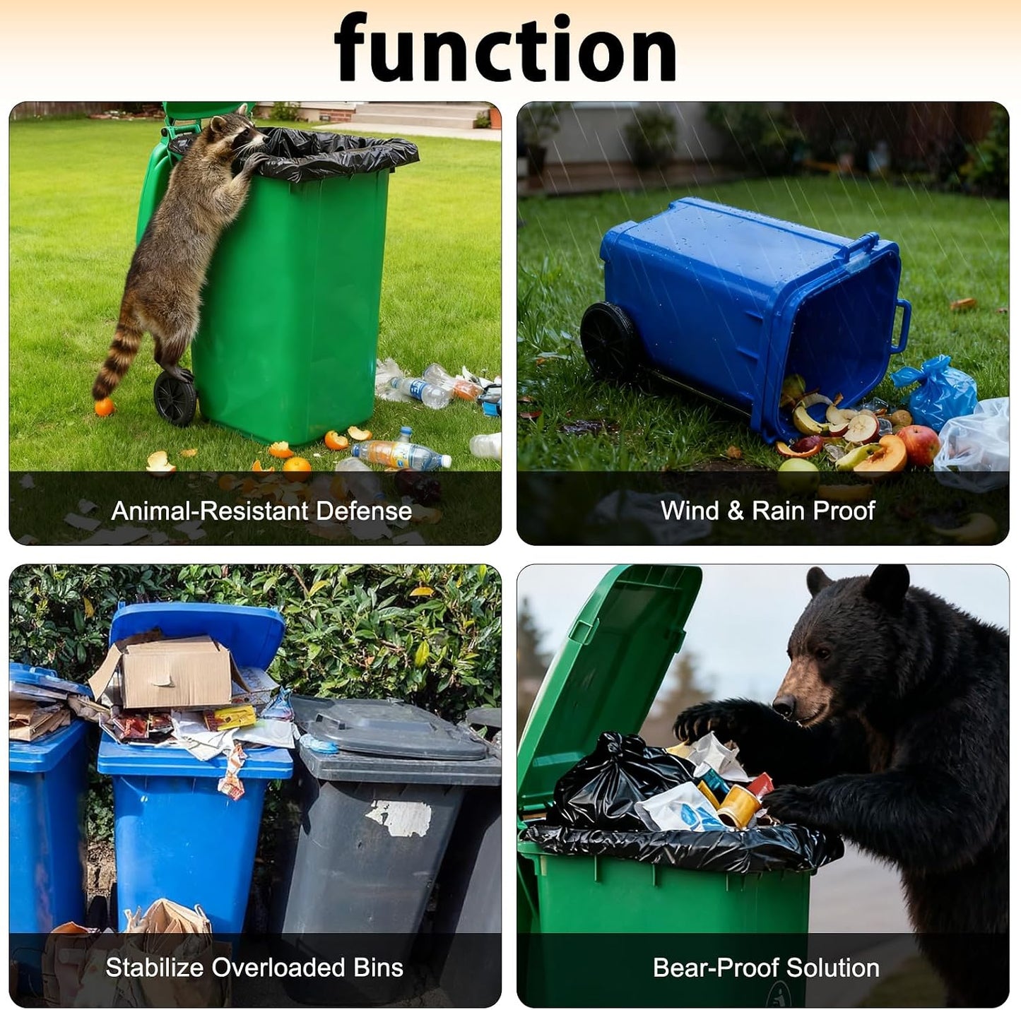 4pcs Trash Can Lock Wide-Width Nylon Tape Bear Proof Trash Can with Locking Lid, TrashCan Lock for Raccoon Animals Garbage Out Door
