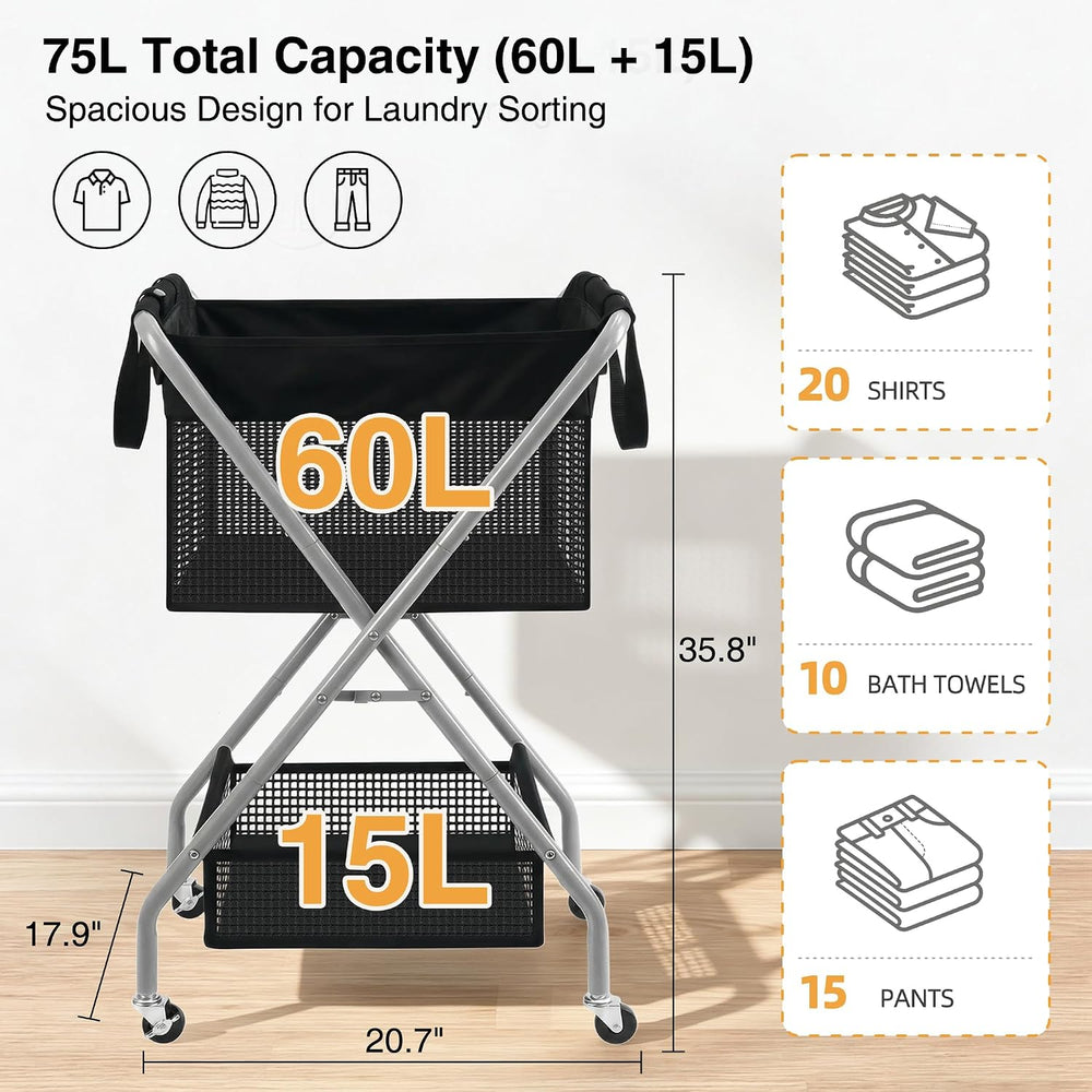 STO STO 2-Tier Foldable Laundry Cart with Wheels, 75L Tall Rolling Laundry Ha...