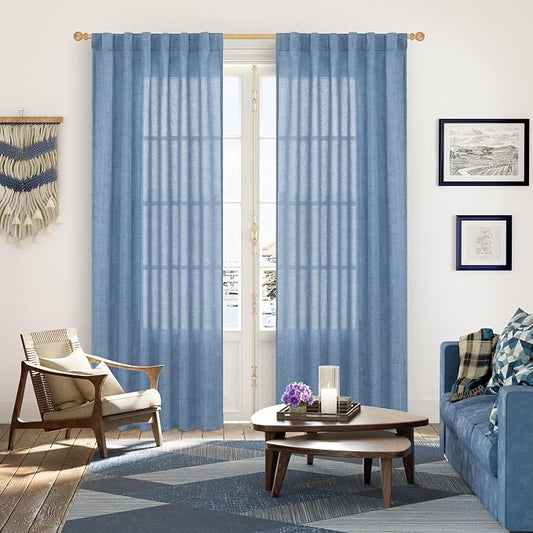 YoungsTex Denim Blue Linen Semi Sheer Curtains 84 Inches Long - Image 2