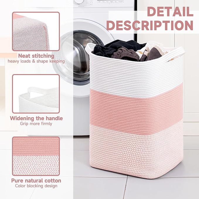 CLHMILY&Z 95L Laundry Basket Rectangular Pink Rope - Image 2
