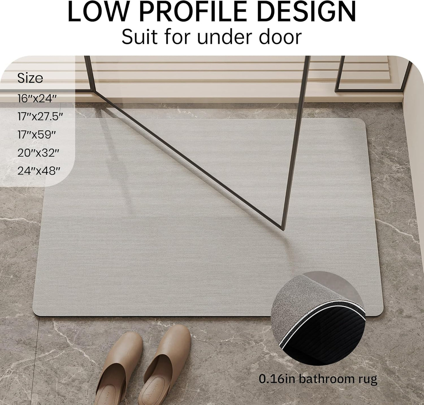 Mecko Bath Mat Rug, Rubber Non-Slip Quick Dry Absorbent Thin Bathroom Rugs Fit Under Door Bathroom Floor Mats-Shower Rug for in Front of Bathtub, Sink, Shower Room(Light Grey,16"x24")