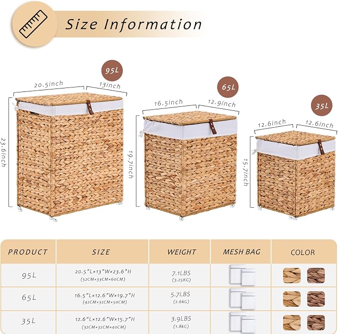 Handwoven Laundry Basket with Lid, Natural Water Hyacinth Storage Basket with - Image 2