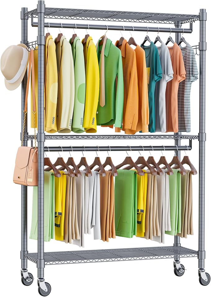Homdox Rolling Clothes Rack Heavy Duty, 3-Tier Adjustable Wire Shelving Garment - Image 8