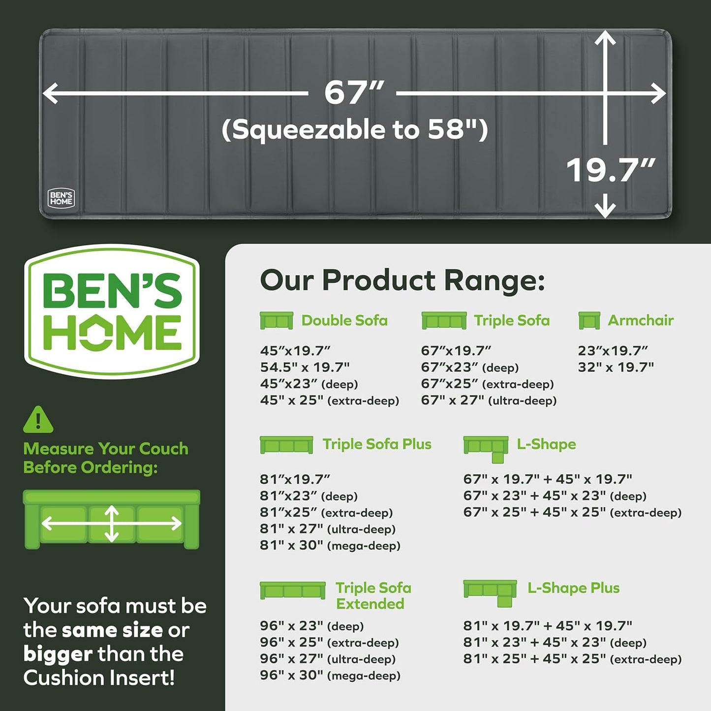 BEN'SHOME® Couch Cushion Support Board for Sagging Sofas - Stop Sinking Into Your Couch | 0.5" Thick Solid Wood, 400 LBS | Fits 58–67" x 19.7" | Anti-Slip, Lifetime Replacement